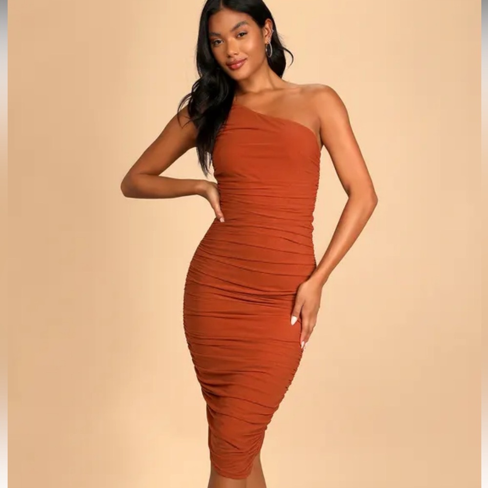 LULU’S Already RSVP'd Rust Brown Ruched One-Shoulder Bodycon Dress